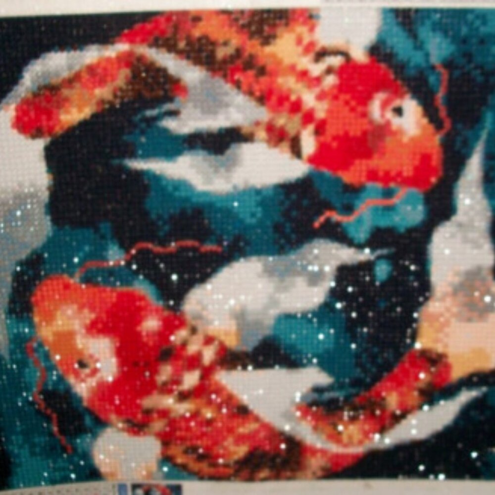 New Handmade Finished Beaded-Needlepoint Tapestry of Swimming Japanese Koi